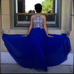 Elegant Blue Beaded Halter Evening Dress